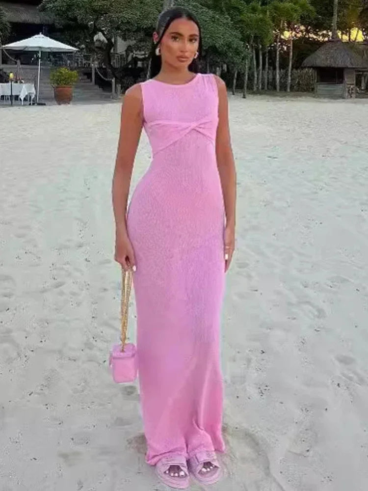 Tossy Summer Beach Knit Maxi Dress For Women Cover-Up Pink Sleeveless